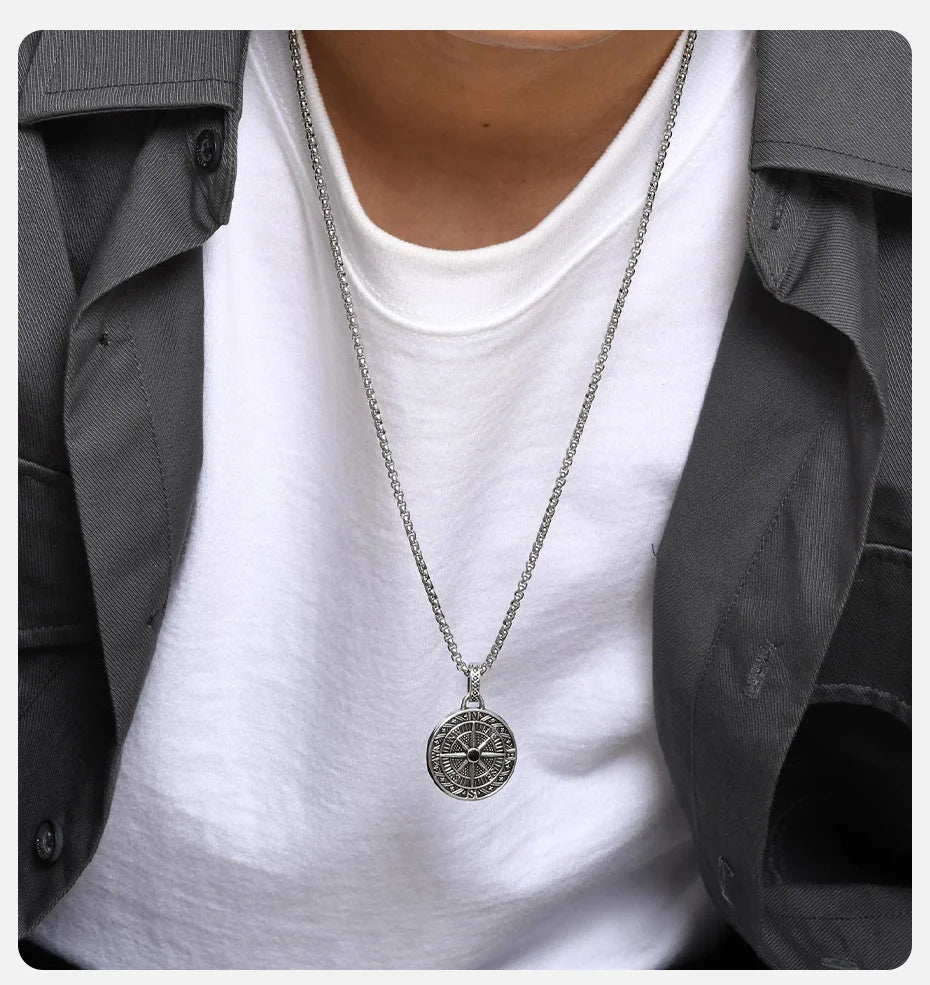 Vnox Vintage Compass Pendant Necklaces for Men Boys, Stainless Steel Coin Necklace, Rock Hiphop Collar Graduation Guid Gift GONZALES ONLINE SHOP