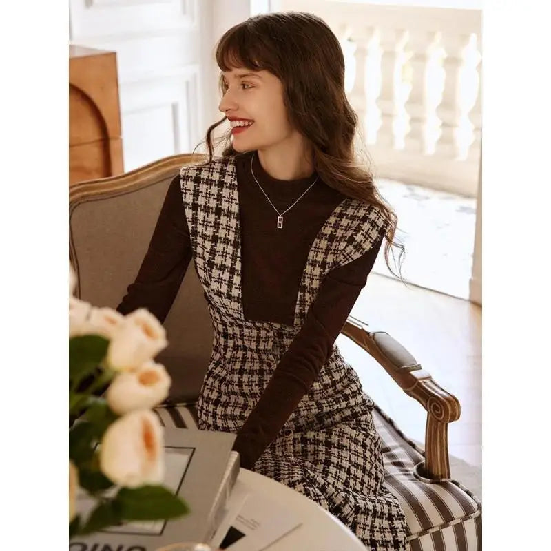 Women's Autumn Winter Fashion Sleeveless Plaid Dress Korean Lady Graceful Sweater Tops Overall Dresses 2 Piece Set 2022 Outfits GONZALES ONLINE SHOP