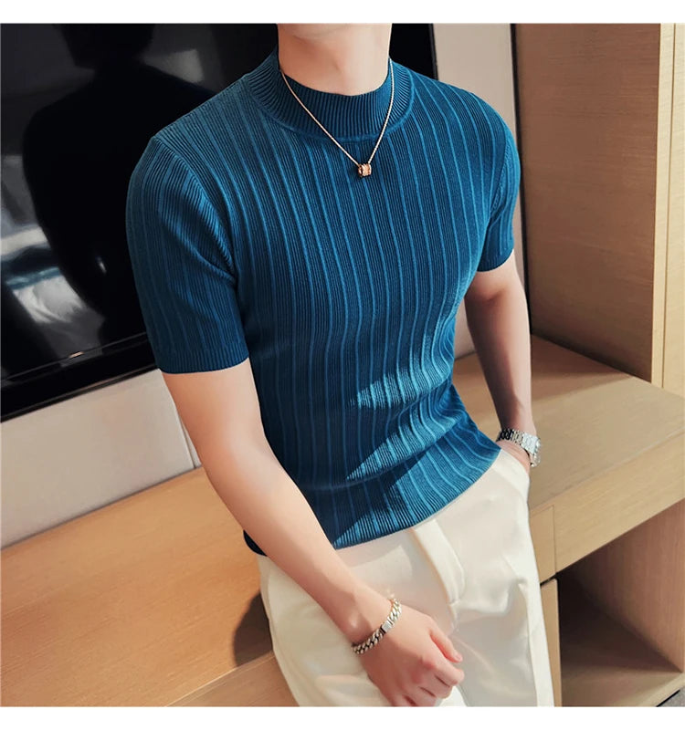 Men's High-End Casual Short Sleeve knitting Sweater/Male High collar Slim Fit Stripe Set head Knit Shirts Plus size S-4XL GONZALES ONLINE SHOP