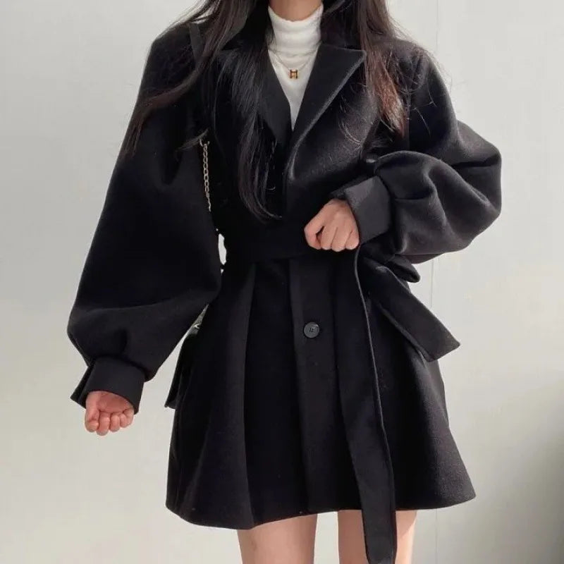 Autumn Winter Wool Jacket Women Clothing Woolen Coat Loose Lace-Up Single-Breasted Solid Wool Blend Coats Elegant Chic Outerwear GONZALES ONLINE SHOP