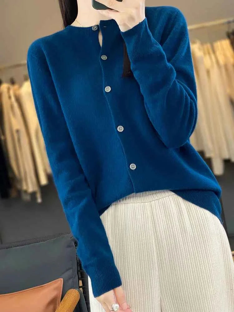 100% Merino Wool Sweater Women O-Neck Cardigan Basic Style  Buttoned Knitwear Female Casual Autumn Winter Soft Tops