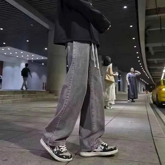Autumn Jeans Men's Baggy Straight Drawstring Elastic Waist Personality Fashion Vintage Denim Trousers Streetwear 3XL