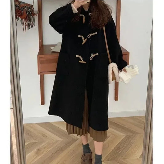 Women Chic Horn Button Long Blends Coats Solid Colors Warm Autumn Winter Coats Big Pockets Elegant Commute Outwears New Parkas GONZALES ONLINE SHOP