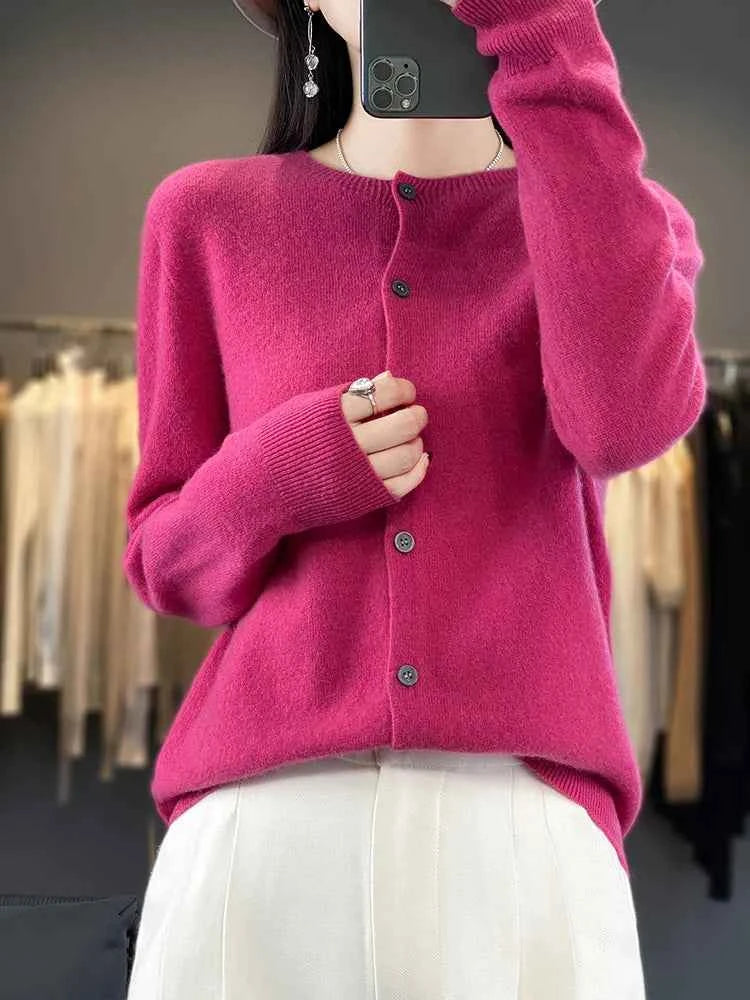 100% Merino Wool Sweater Women O-Neck Cardigan Basic Style  Buttoned Knitwear Female Casual Autumn Winter Soft Tops