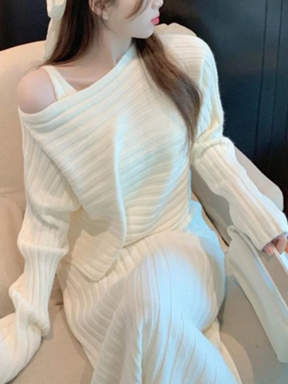 Women's Dress Sets Autumn Winter 2024 New Temperament Pullover Long Sleeve Knit Sundress Fashion Two-piece Dress Set for Women GONZALES ONLINE SHOP