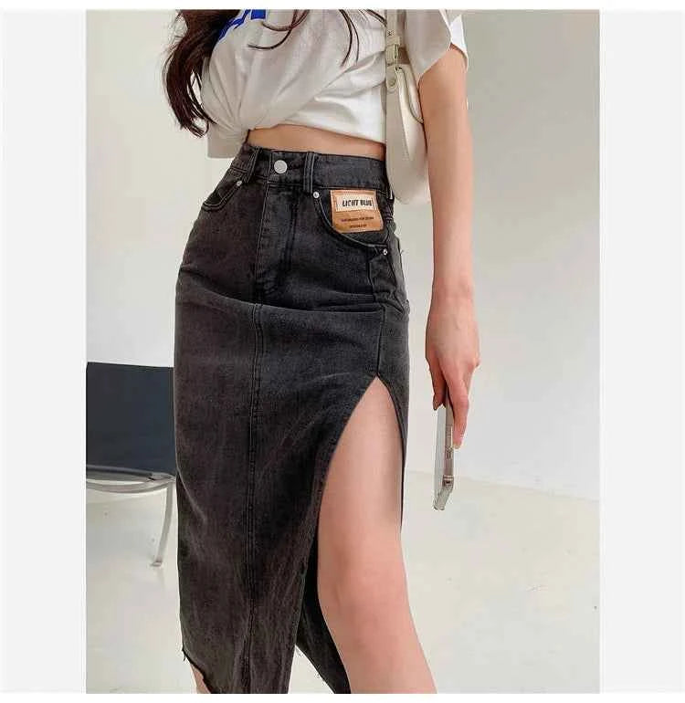 Streamgirl Maxi Jeans Skirt Women Denim Long Skirts Summer 2024 Vintage Maxi Skirt Side Split Denim Skirt Women Long Korean
