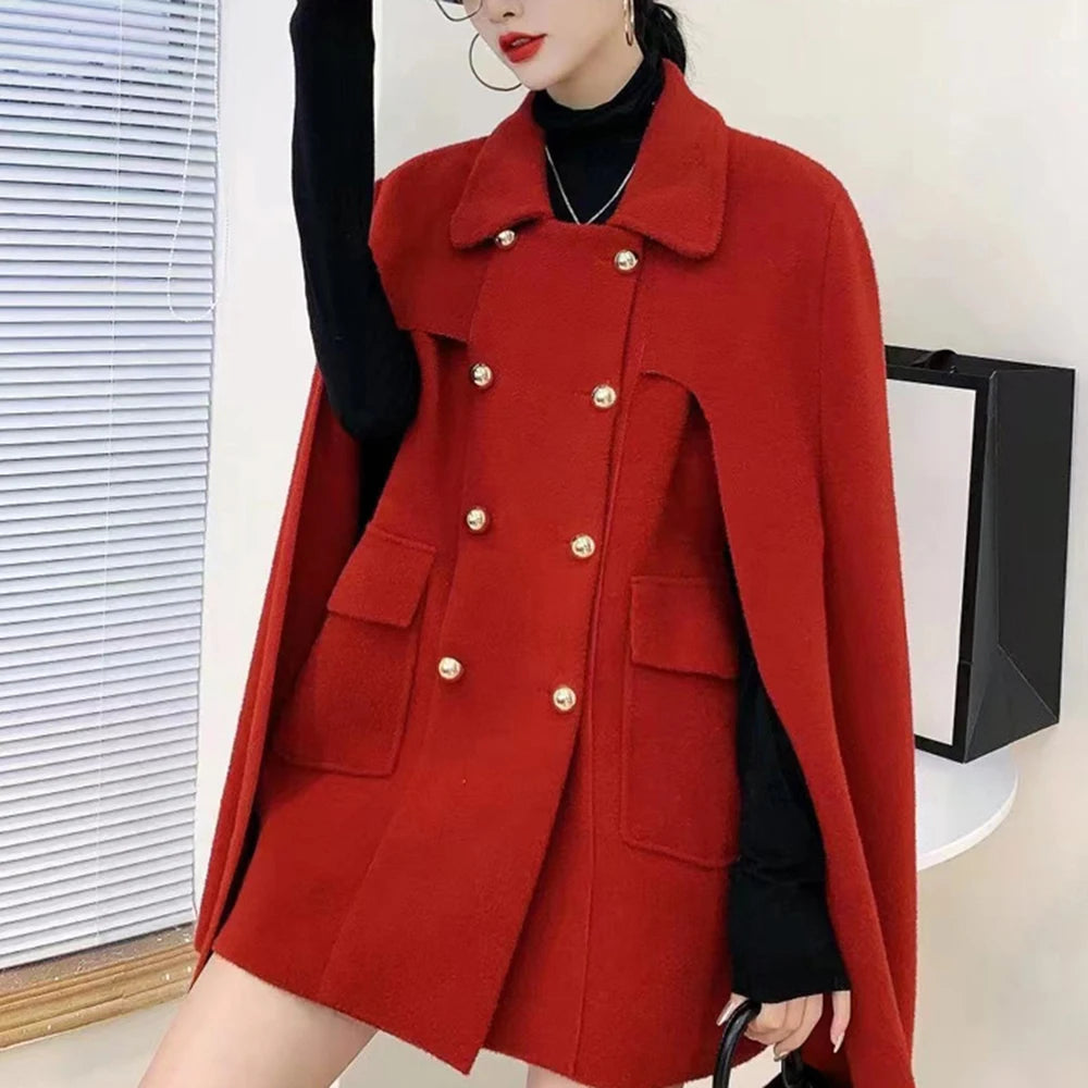 TWOTWINSTYLE Solid Patchwork Pocket Chic Coat For Women Lapel Cloak Sleeve Spliced Double Breasted Elegant Coats Female Style GONZALES ONLINE SHOP