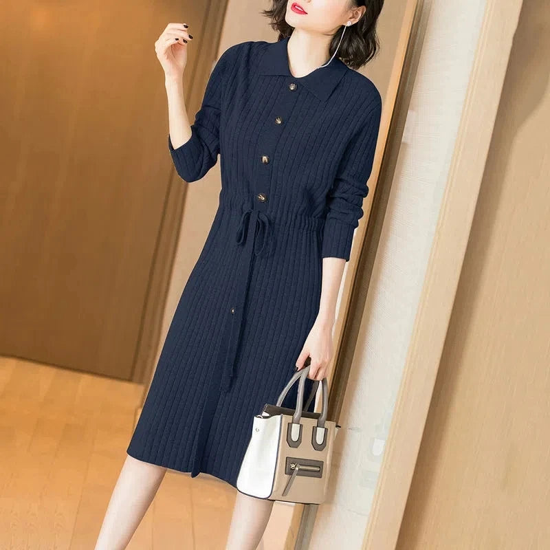 Elegant Knitted Sweater Dress Fashion Korean Long Sleeve Drawstring Waist Dresses Fall Vintage Women Mid-length Vestidos New GONZALES ONLINE SHOP