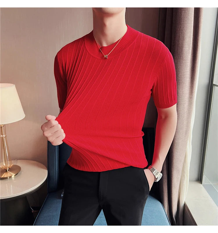 Men's High-End Casual Short Sleeve knitting Sweater/Male High collar Slim Fit Stripe Set head Knit Shirts Plus size S-4XL GONZALES ONLINE SHOP