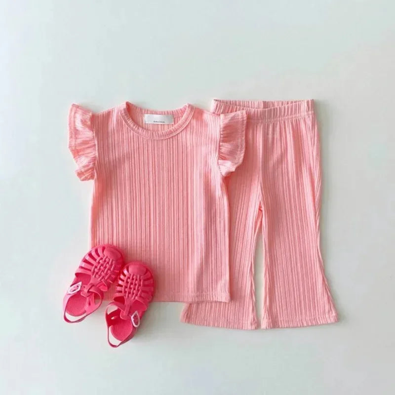 Korean Children's Clothing Set Summer Cool Thin Flying Sleeve Girl's Suit T-shirt+bell Bottoms Fashion Princess Suit GONZALES ONLINE SHOP