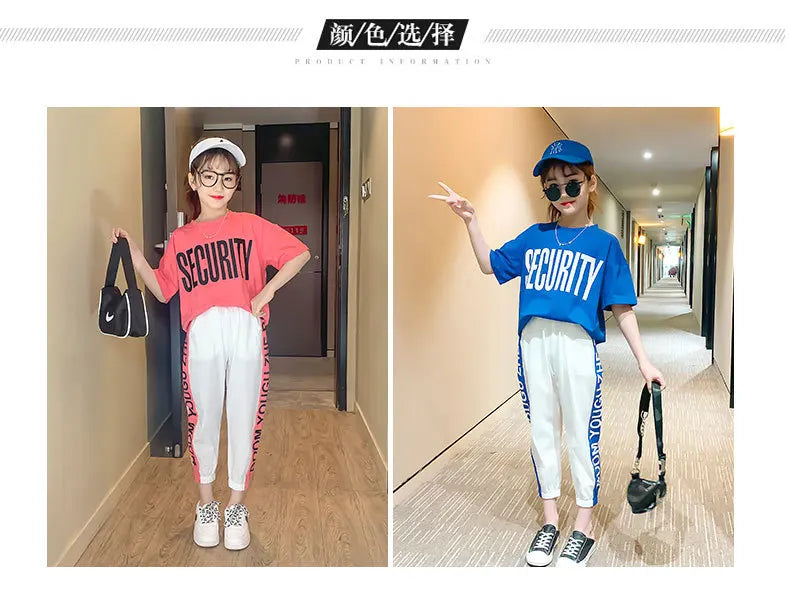 2024 Teen Girls Sport Suit letters short t-shirt + striped Pants Children Set Tracksuit Kids Leggings 5 8 12 9 14 Years Clothing GONZALES ONLINE SHOP