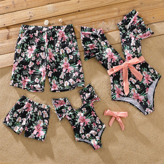 PatPat Family Matching Allover Floral Print Swim Trunks Shorts and Ruffle-sleeve Belted One-Piece Swimsuit Suitable for Summer GONZALES ONLINE SHOP