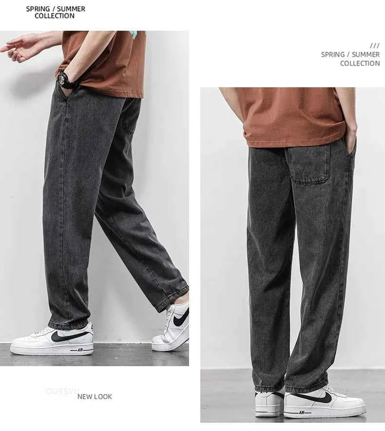 High Quality Fully Elastic Waist Men's Jeans Cotton Soft Drawstring Straight Pants Korea Casual Trousers Male Plus Size S-5XL