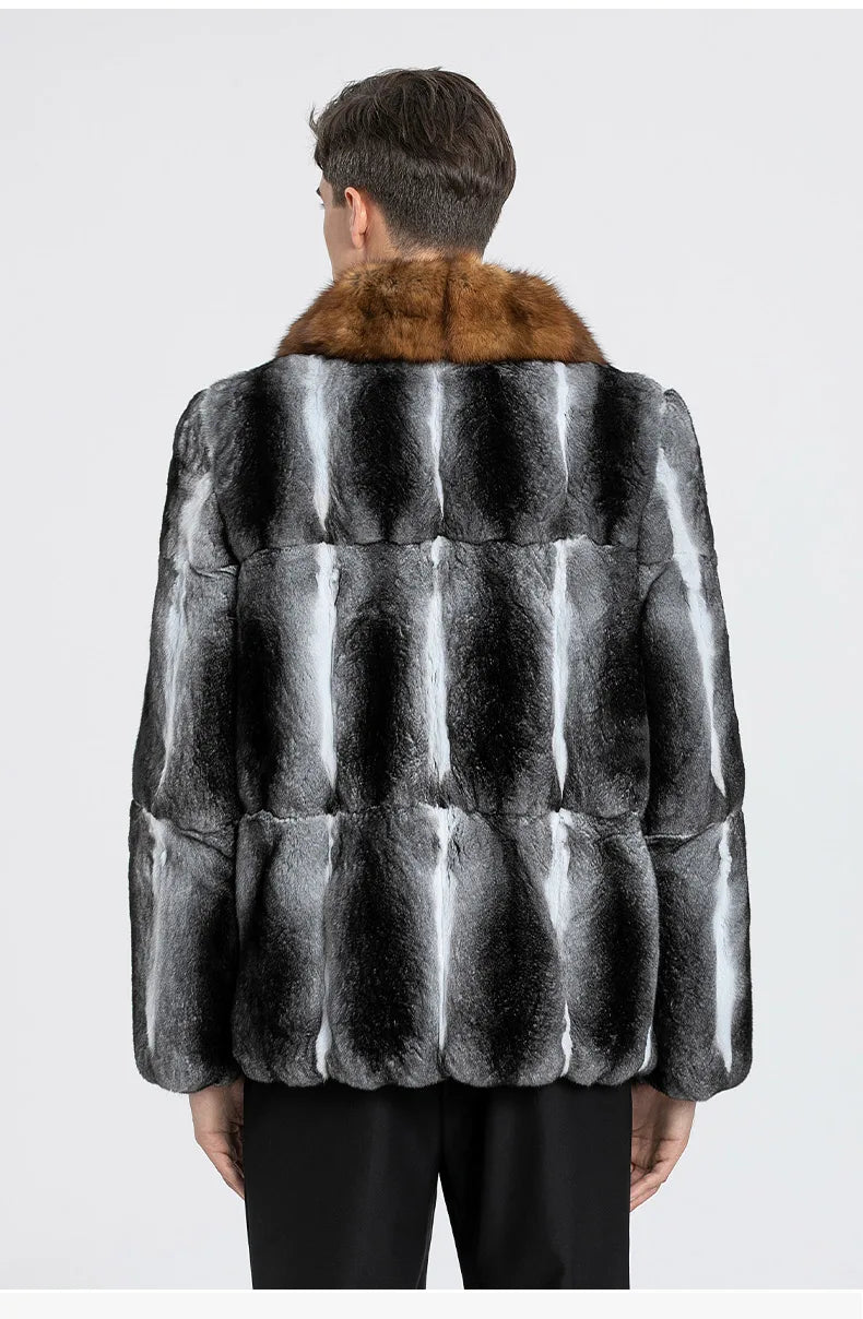 Fur Lover Winter Men's Real Chinchilla Fur Full Skin Overcoat Authentic Chinchilla Fur Long Coat With Genuine Sable Fur Collar GONZALES ONLINE SHOP