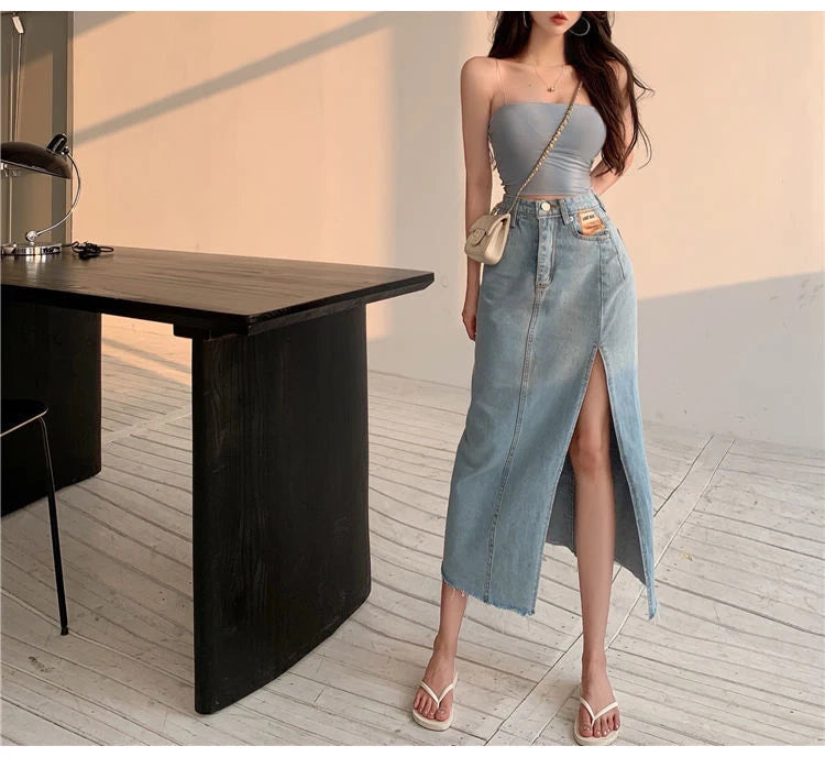 Streamgirl Maxi Jeans Skirt Women Denim Long Skirts Summer 2024 Vintage Maxi Skirt Side Split Denim Skirt Women Long Korean GONZALES ONLINE SHOP