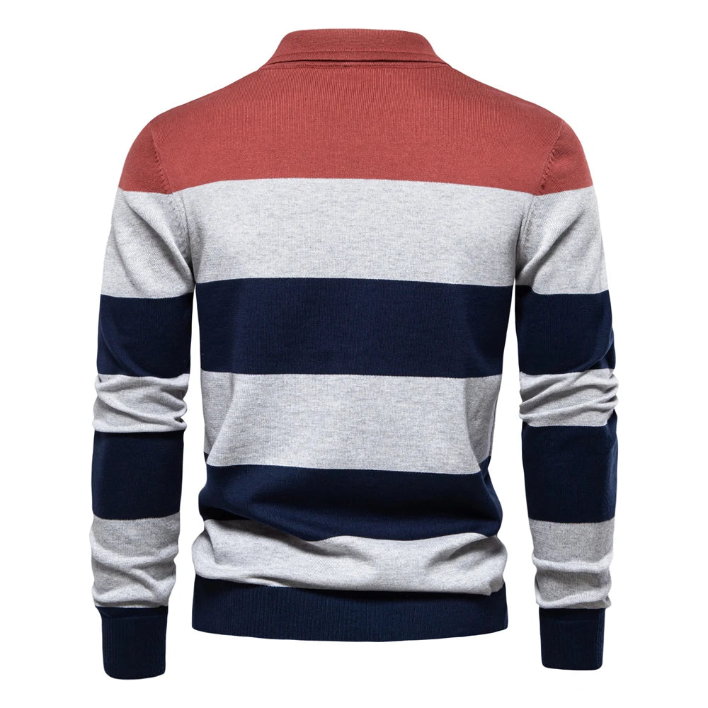 AIOPESON Mens Strip Cotton Button-up Polo Collar Sweater Knit Casual Business Sweaters for Men GONZALES ONLINE SHOP