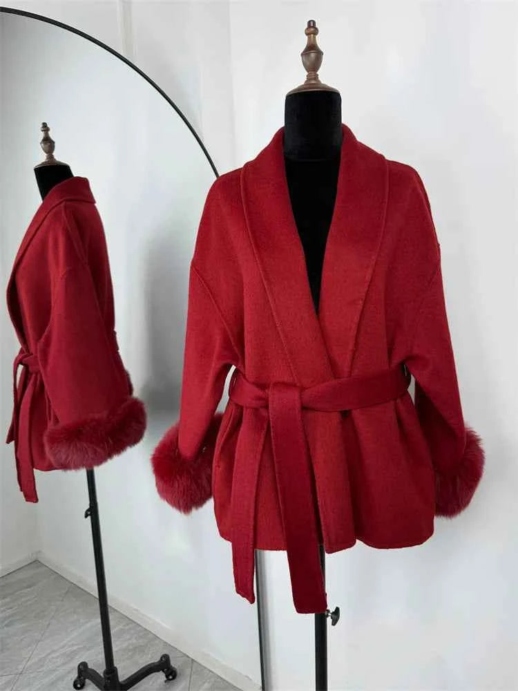 Tossy Fox Fur Wool Overcoat Women's Short Coat Office Lady Elegant Double-sided Woolen Coat 2025 New Cardigan Jackets Loose Wool