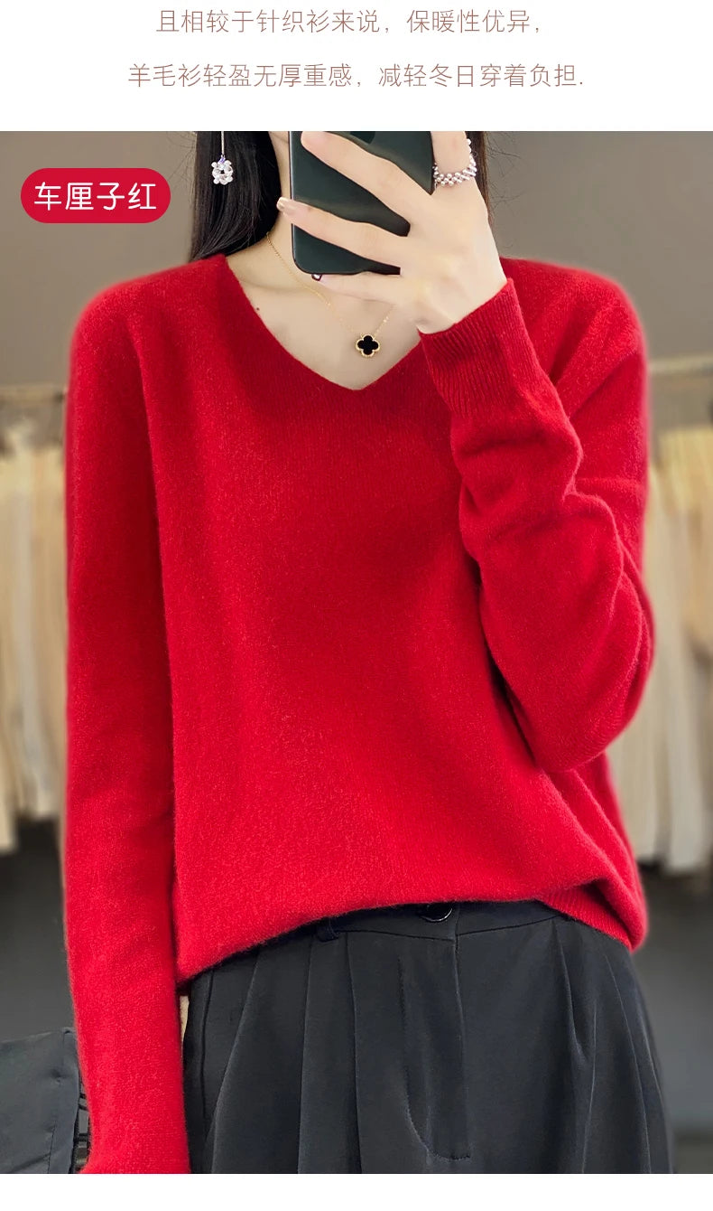 Women 100% Merino Wool Sweater V-Neck Basic Pullover Autumn Winter Cashmere Clothing Long Sleeve Soft Knitwear Tops Solid Color GONZALES ONLINE SHOP