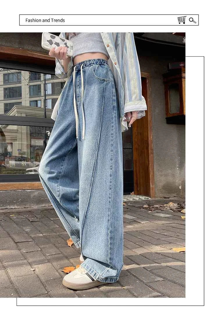 High Waist Slimming Drawstring Tie Elastic Waist Floor-Length Curved Sickle Pants 2026 Spring New Women's Trendy Wide Leg Jeans