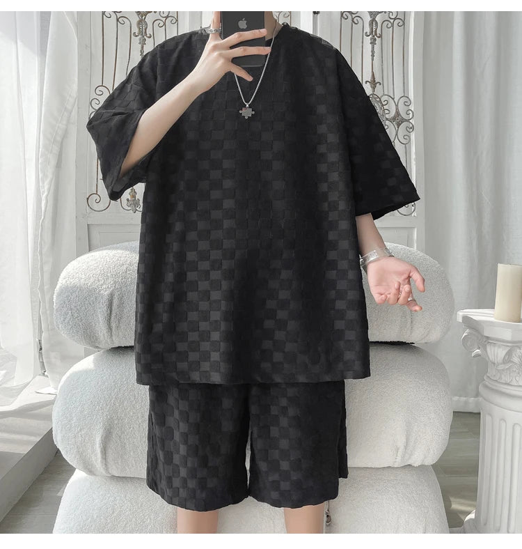 Men's Set Fashion Summer Loose Casual Plaid T Shirts And Shorts High Quality Korean Luxury Clothing Men's Clothes Big Size 5XL-M GONZALES ONLINE SHOP