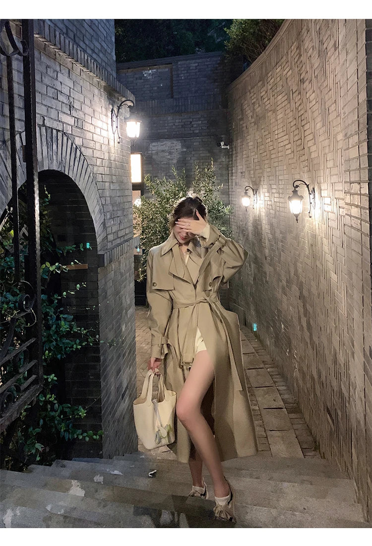 Autumn Winter Khaki Long Trench Coat for Women 2024 Jacket Elegant Outerwear Turn-down Collar Tie Belt Korean Chic Windbreaker GONZALES ONLINE SHOP