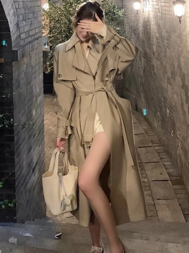 Autumn Winter Khaki Long Trench Coat for Women 2024 Jacket Elegant Outerwear Turn-down Collar Tie Belt Korean Chic Windbreaker GONZALES ONLINE SHOP