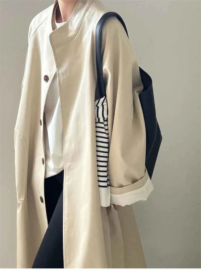Lazy Loose Stand Up Collar Long Ttrench Coat For Women New Spring Autumn Casual British Style High-end Windbreaker Overcoat