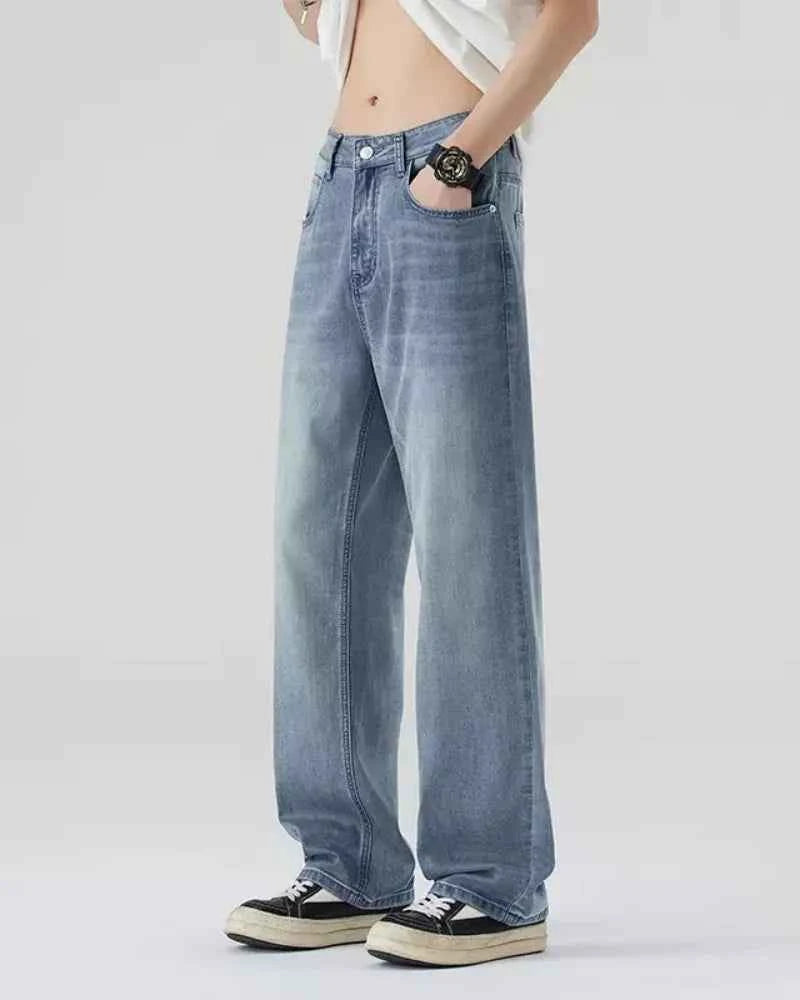 New Bent knife jeans for men American retro washed distressed wide leg pants Four Seasons loose straight leg feelin Street jeans