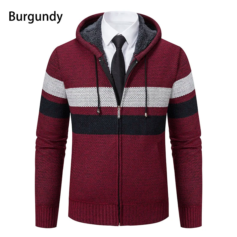 2023 New Autumn and Winter Striped Hooded Sweater Men's Coat with Velvet Padded Warm Knit Cardigan GONZALES ONLINE SHOP