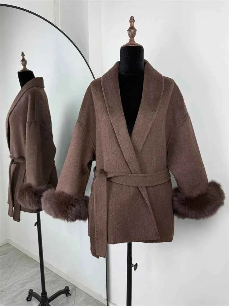 Tossy Fox Fur Wool Overcoat Women's Short Coat Office Lady Elegant Double-sided Woolen Coat 2025 New Cardigan Jackets Loose Wool