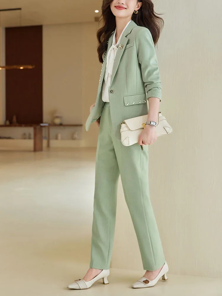 Women Office Suit 2 Pieces Sets Elegant Chic Design Ol Slim Long Sleeve Coats Tops Korean Formal High Waist Straight Pants 2024 GONZALES ONLINE SHOP