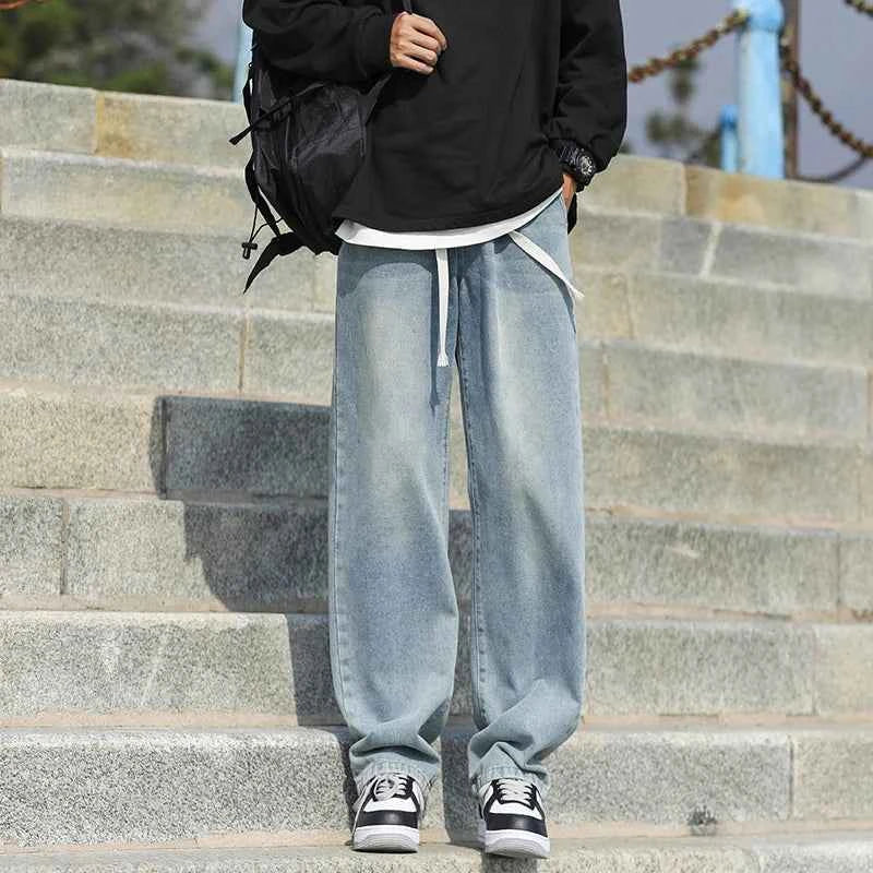 Men's summer loose straight leg pants with elastic drawstring, casual jeans, comfortable, fashionable and trendy jeans