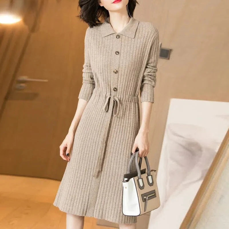 Elegant Knitted Sweater Dress Fashion Korean Long Sleeve Drawstring Waist Dresses Fall Vintage Women Mid-length Vestidos F282 GONZALES ONLINE SHOP