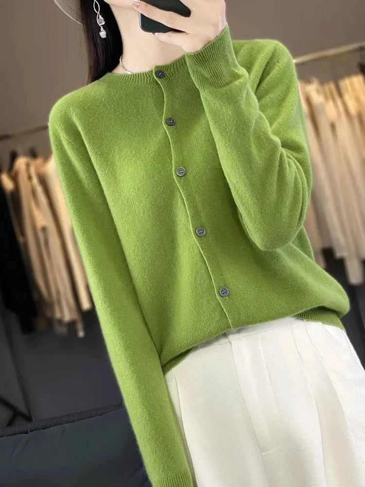 100% Merino Wool Sweater Women O-Neck Cardigan Basic Style  Buttoned Knitwear Female Casual Autumn Winter Soft Tops