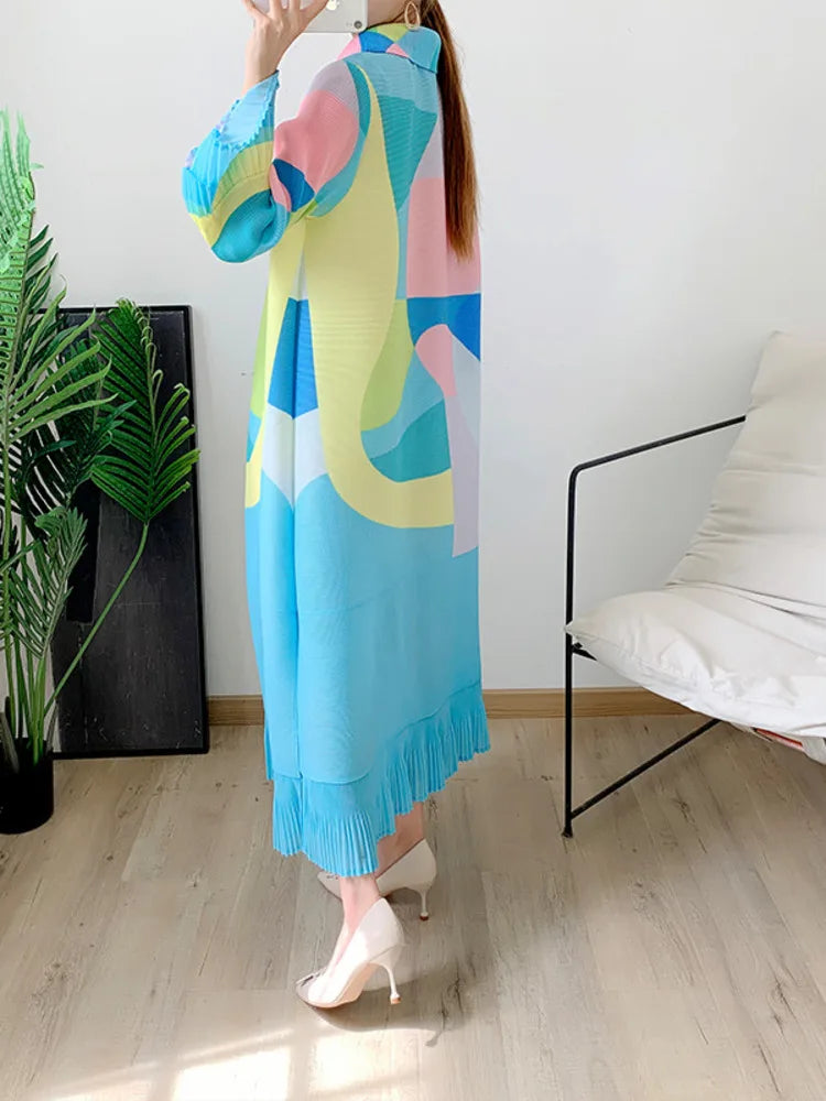 Miyake Maxi Pleated Dress for Women Lapel Single Breasted Long Sleeves Color Block Tassel Hem Loose Chic Elegant Luxury Clothing GONZALES ONLINE SHOP