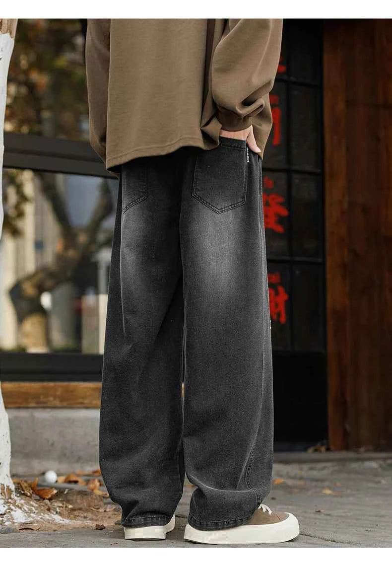 Men's Vintage Washed Wide Leg Jeans Elastic Drawstring Waist Baggy Streetwear Denim Trousers oversized Trousers fit