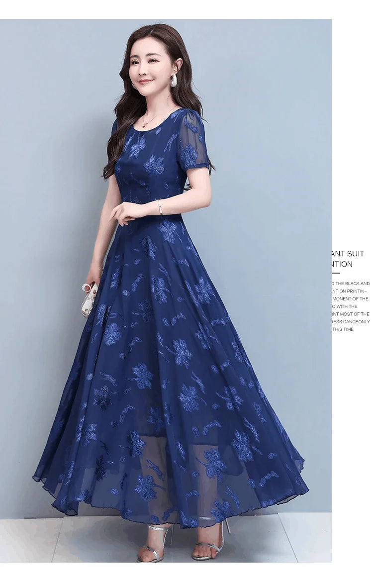 Casual Blue Clothes For Women Summer Maxi Dress 2024 New Red Chiffon O-Neck Party Elegant Boho Korean Fashion Evening Dresses GONZALES ONLINE SHOP