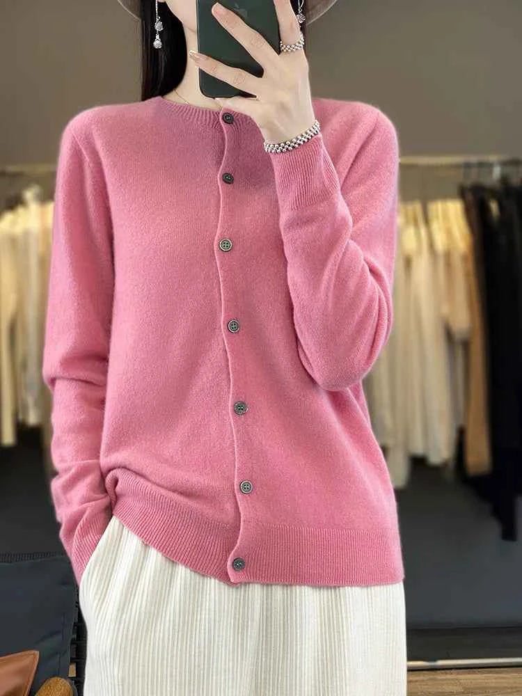100% Merino Wool Sweater Women O-Neck Cardigan Basic Style  Buttoned Knitwear Female Casual Autumn Winter Soft Tops