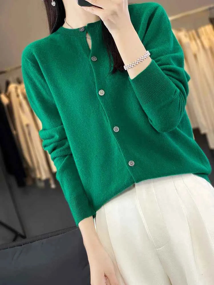 100% Merino Wool Sweater Women O-Neck Cardigan Basic Style  Buttoned Knitwear Female Casual Autumn Winter Soft Tops