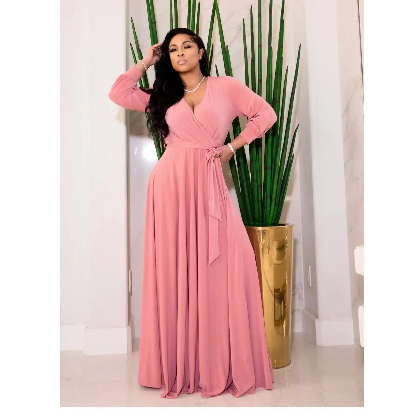 CM.YAYA Elegant Women Wraped V-neck Long Sleeve with Sashes Maxi Long Dress Chic INS Sexy Party Prom Big Swing Pink Dresses GONZALES ONLINE SHOP