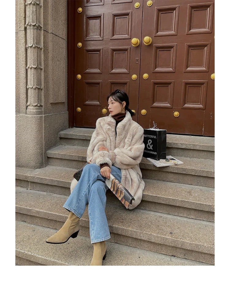 Lautaro Winter Thick Warm Faux Mink Fur Coat Women Stand Collar Elegant Chic Luxury Designer Clothes Runway Fluffy Jacket 2022 GONZALES ONLINE SHOP