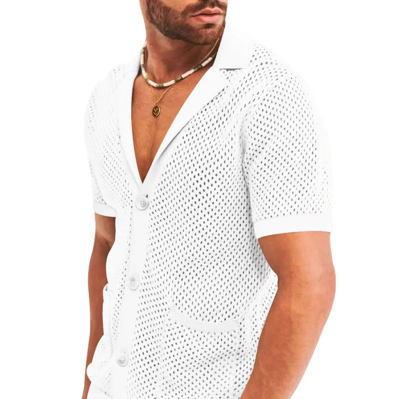 Summer New Men Shorts Mesh Hollow Out Knitted Casual Sports Lapel T-Shirt Short Sleeve Solid Beach Suit Men's 2 Pieces Set Suits GONZALES ONLINE SHOP