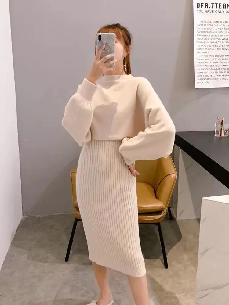 Fashion Sexy Knitted Dress Two-piece Set Women 2023 Spring Autumn New Temperament Solid Long-sleeved Sweater Women's Outtifits GONZALES ONLINE SHOP