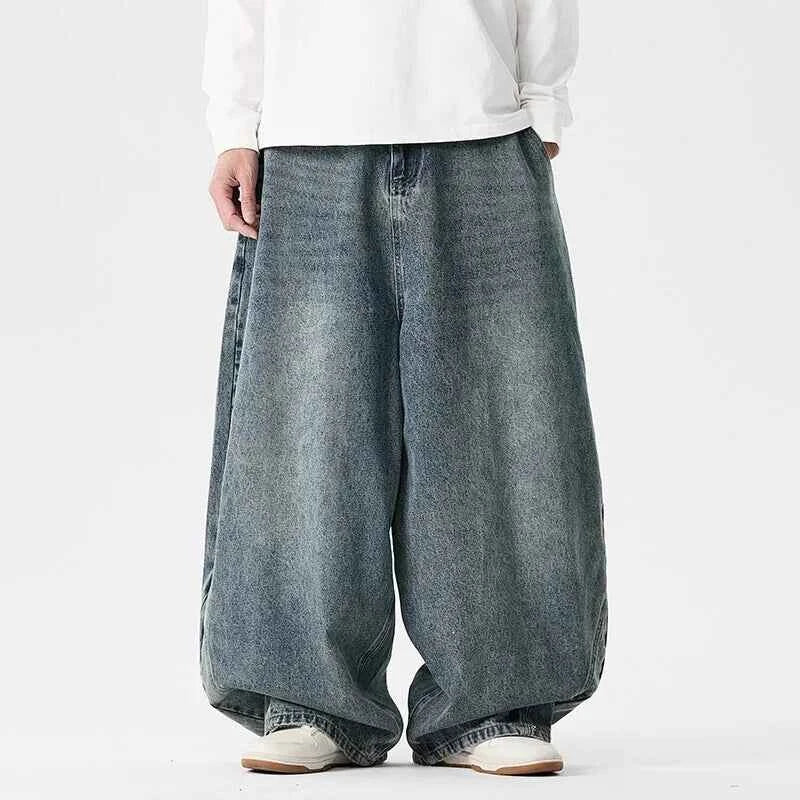 Fashion Denim Wide Leg Pants Men Loose Hip Hop Casual Jeans Streetwear Fashion Elastic Waist Casual Denim Trousers Plus Size 5XL