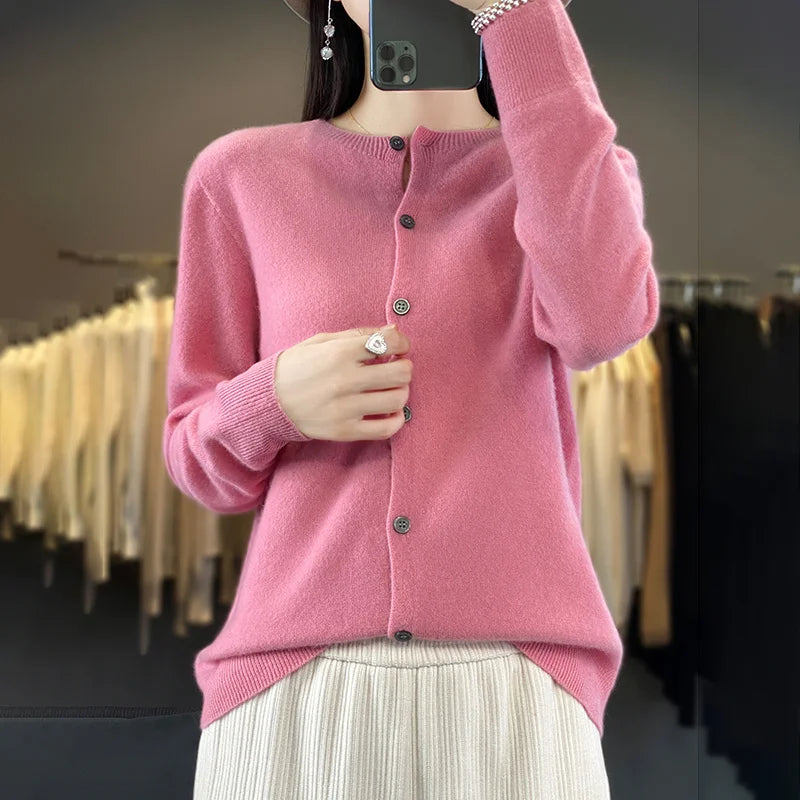 100% Merino Wool Sweater Women O-Neck Cardigan Basic Style  Buttoned Knitwear Female Casual Autumn Winter Soft Tops GONZALES ONLINE SHOP