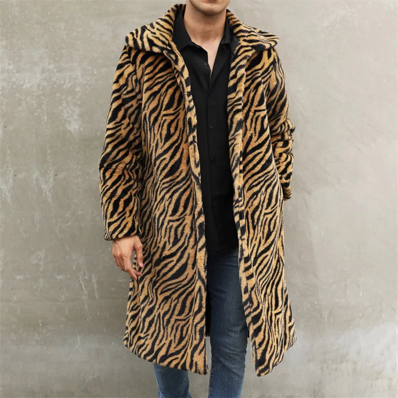 Men’s Faux Fur Coat Winter Warm Long Sleeve Leopard Zebra Print Long Jacket Open Front Overcoat GONZALES ONLINE SHOP