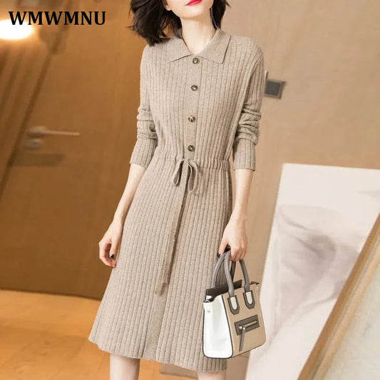 Elegant Knitted Sweater Dress Fashion Korean Long Sleeve Drawstring Waist Dresses Fall Vintage Women Mid-length Vestidos New GONZALES ONLINE SHOP