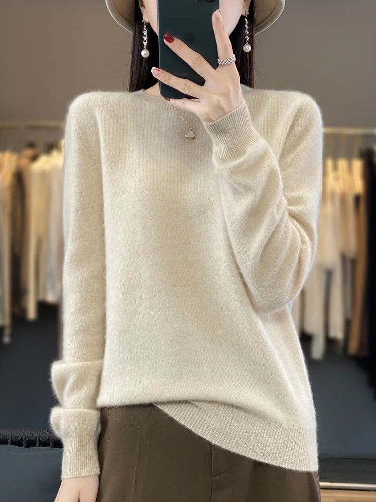 100% Merino Wool Sweater Women O-neck Cashmere Knitwear Female Pullover Autumn Winter Casual Tops Solid Color Soft  Clothing GONZALES ONLINE SHOP