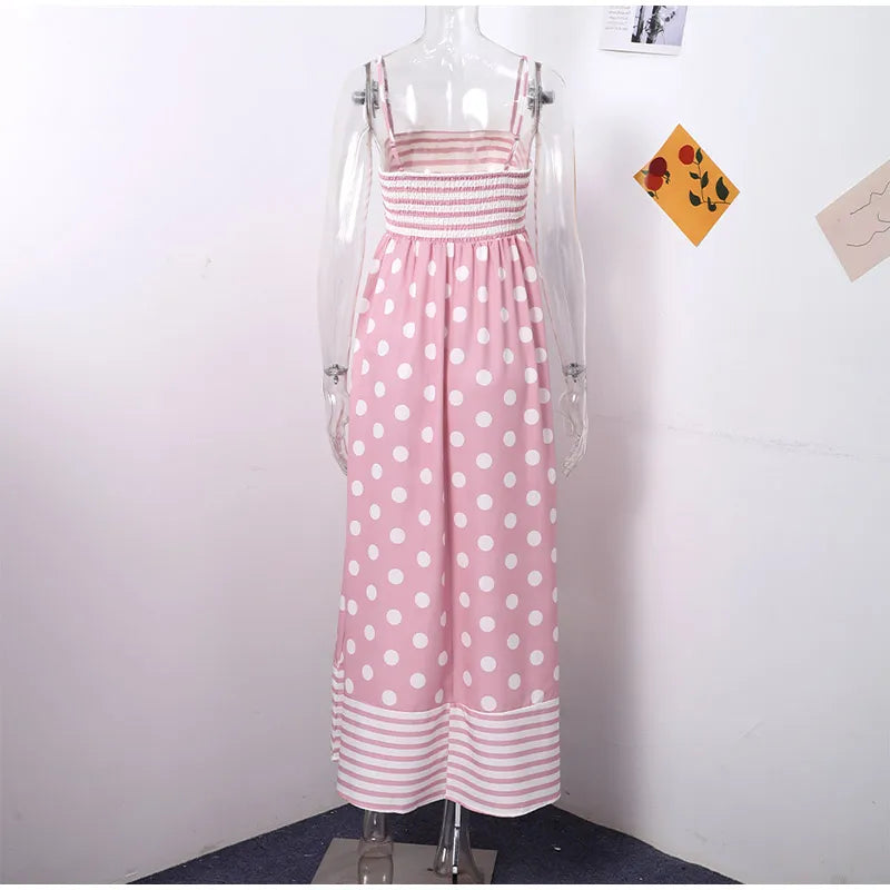 Pink Print Sling Dress Women Elegant Round Dot A Line Sleevelss Robe Female 2024 Summer Backless Elasticity Soft Dresses Lady GONZALES ONLINE SHOP