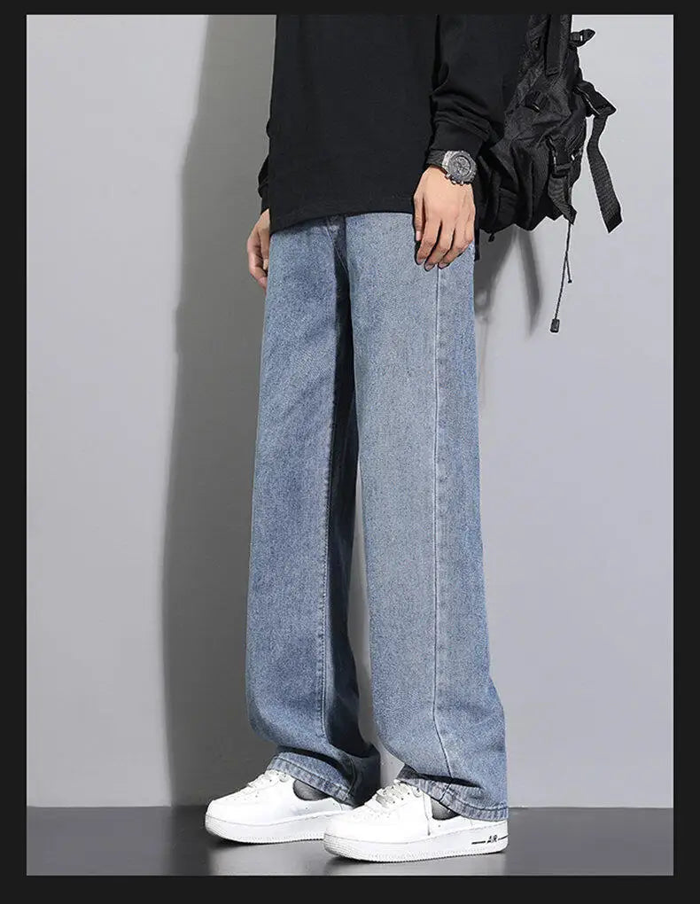 2026 New Korean Men's Casual Long Jeans Classic Man Straight Denim Wide-leg Pants Solid Color Light Blue Grey Black GONZALES ONLINE SHOP